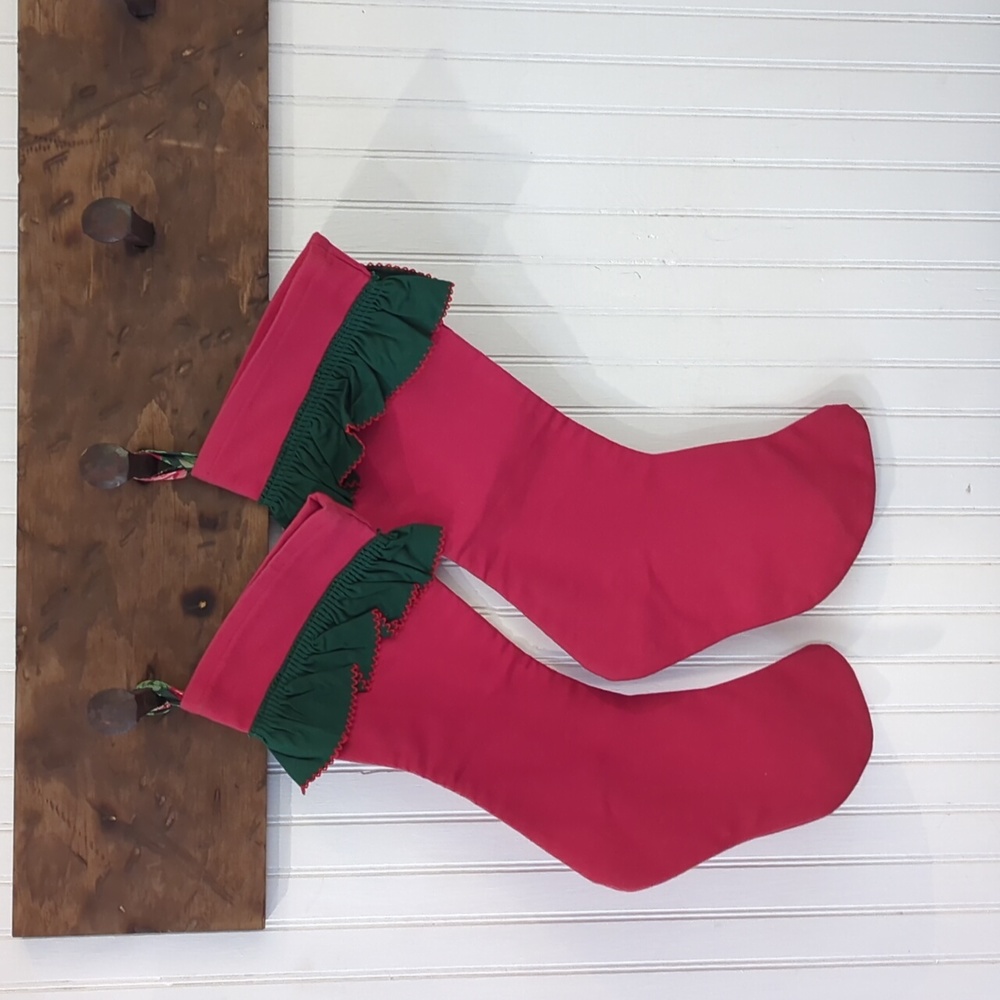 Pair of Vintage Handmade Red and Green Festive Christmas Stockings.